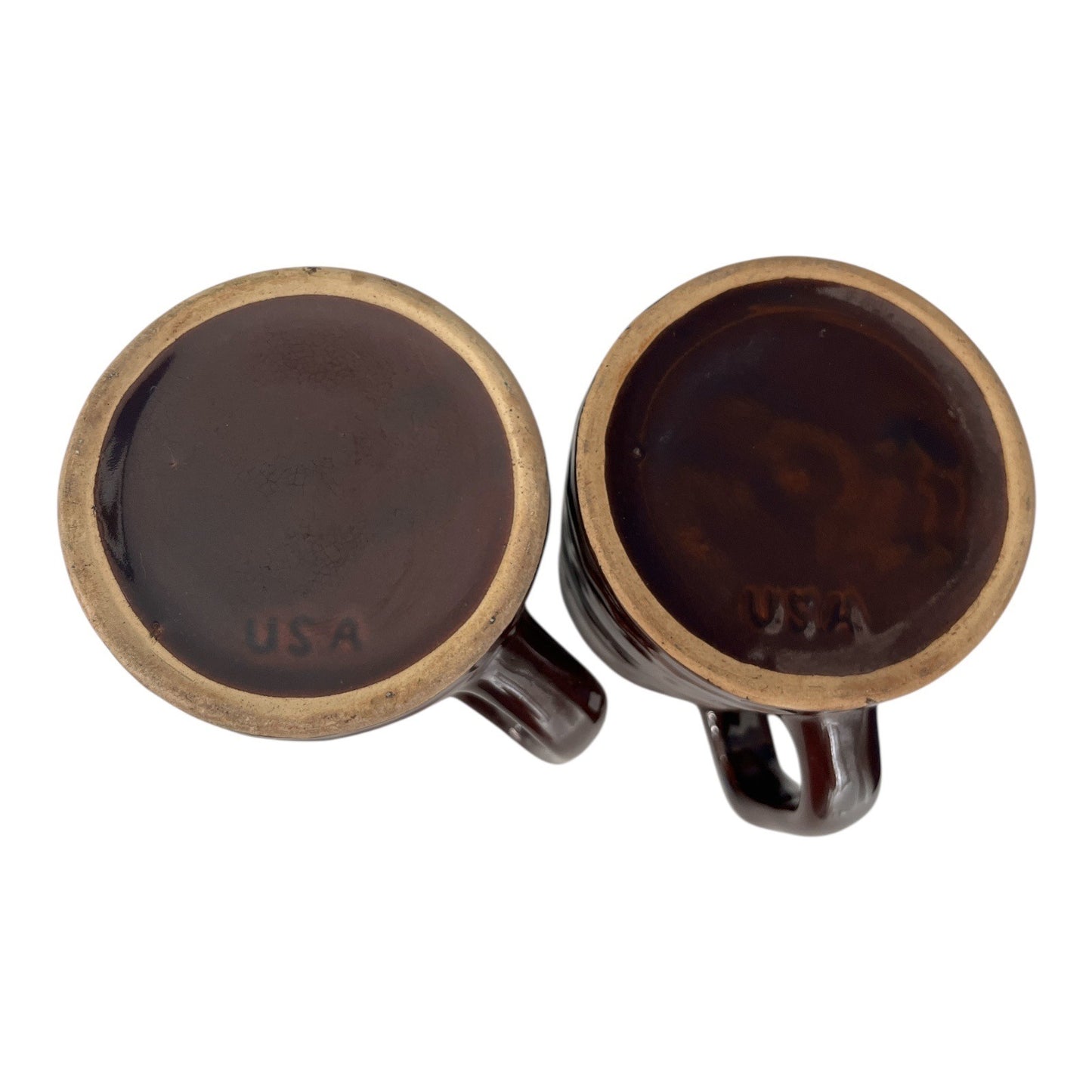 Vintage USA Pottery Brown Drip Barrel Mugs – Set of 2 – 1950s–1970s