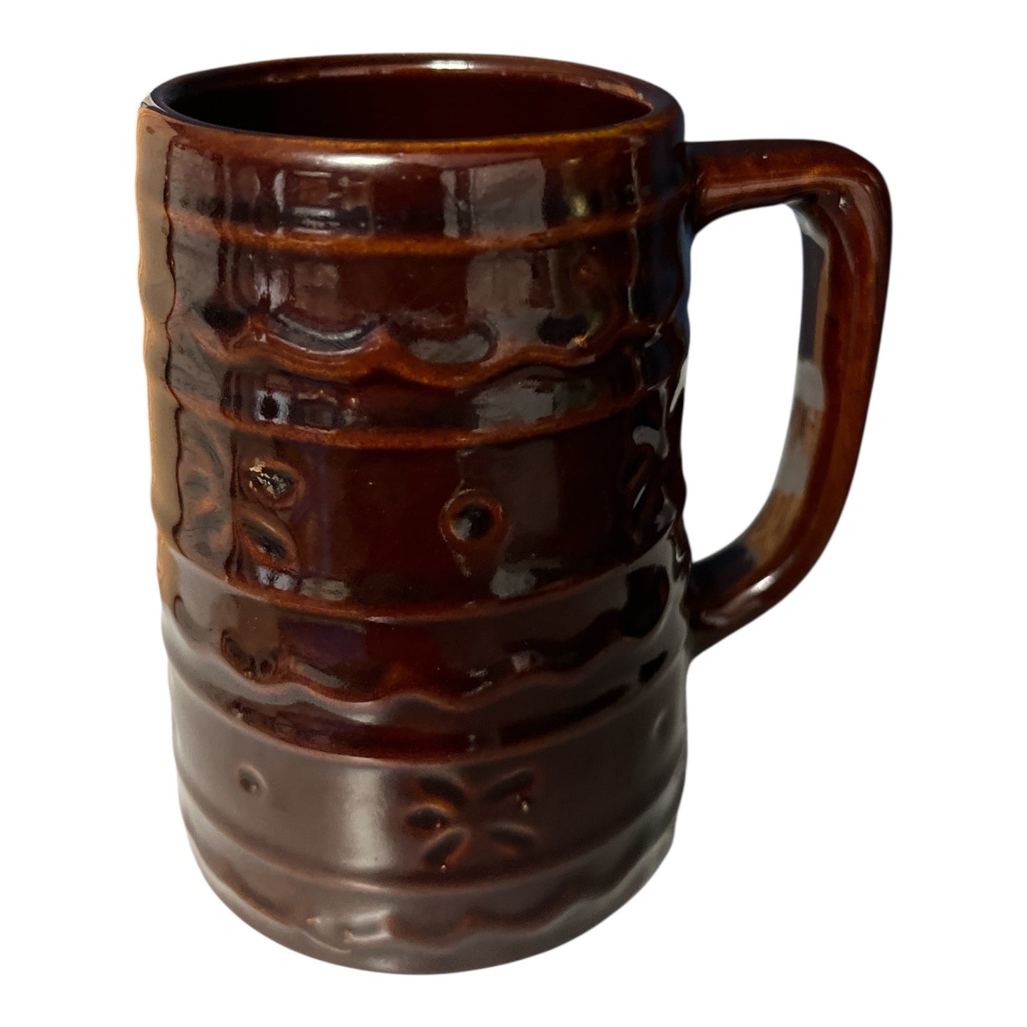 Vintage USA Pottery Brown Drip Barrel Mugs – Set of 2 – 1950s–1970s