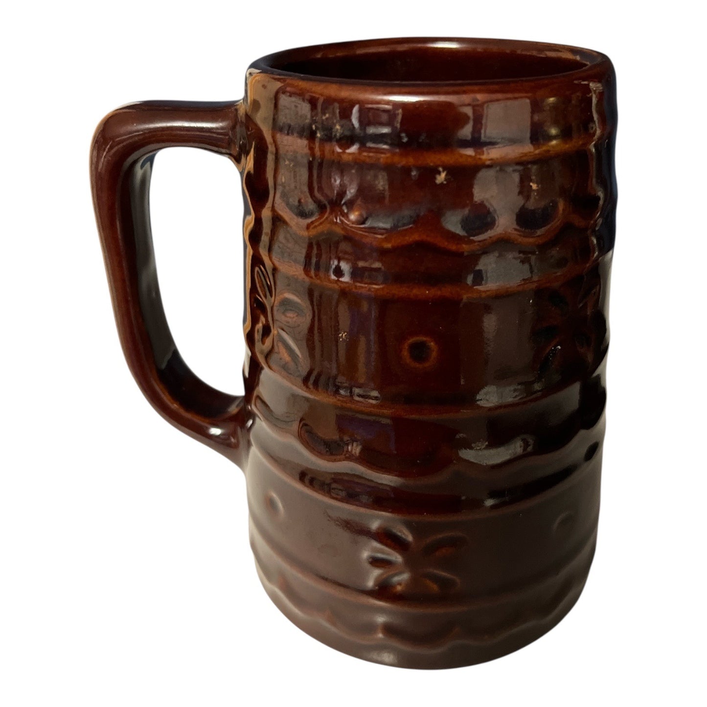 Vintage USA Pottery Brown Drip Barrel Mugs – Set of 2 – 1950s–1970s