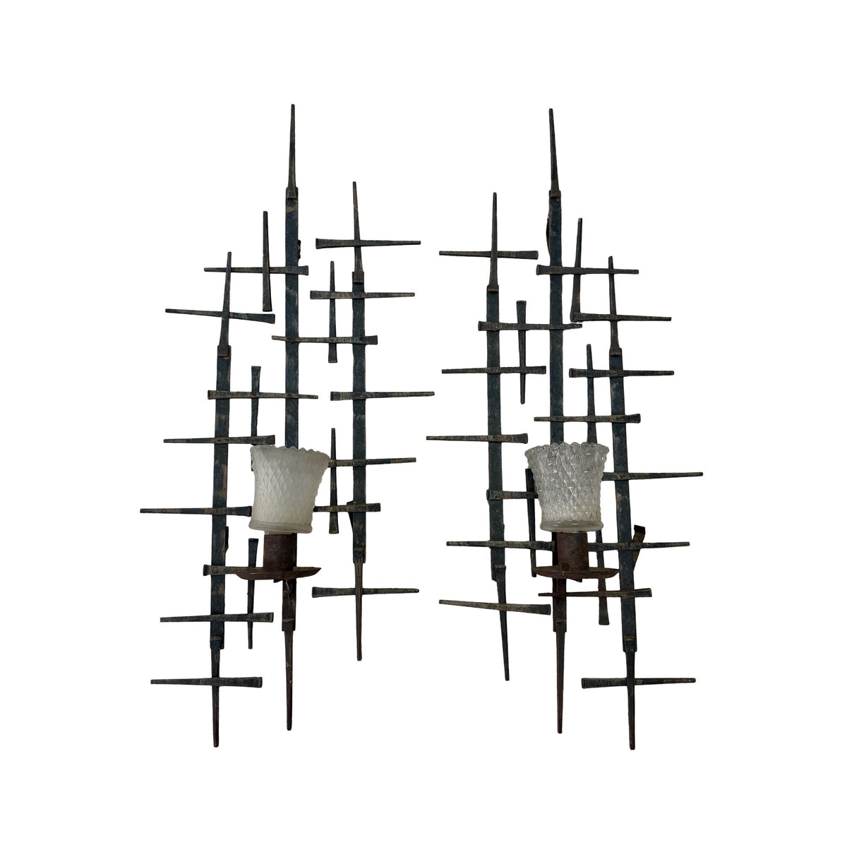 Vintage Brutalist Metal Wall Sconces Pair 24 Inch Sculptural Mid Century Modern
