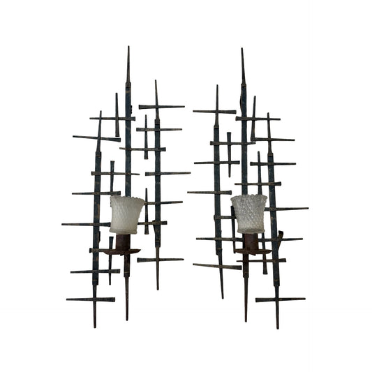 Vintage Brutalist Metal Wall Sconces Pair 24 Inch Sculptural Mid Century Modern