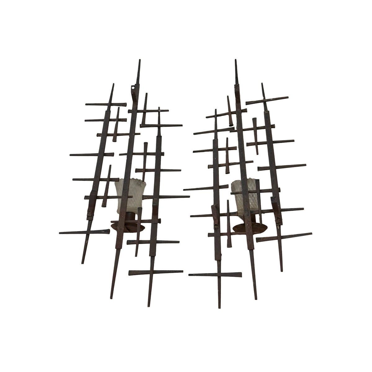 Vintage Brutalist Metal Wall Sconces Pair 24 Inch Sculptural Mid Century Modern
