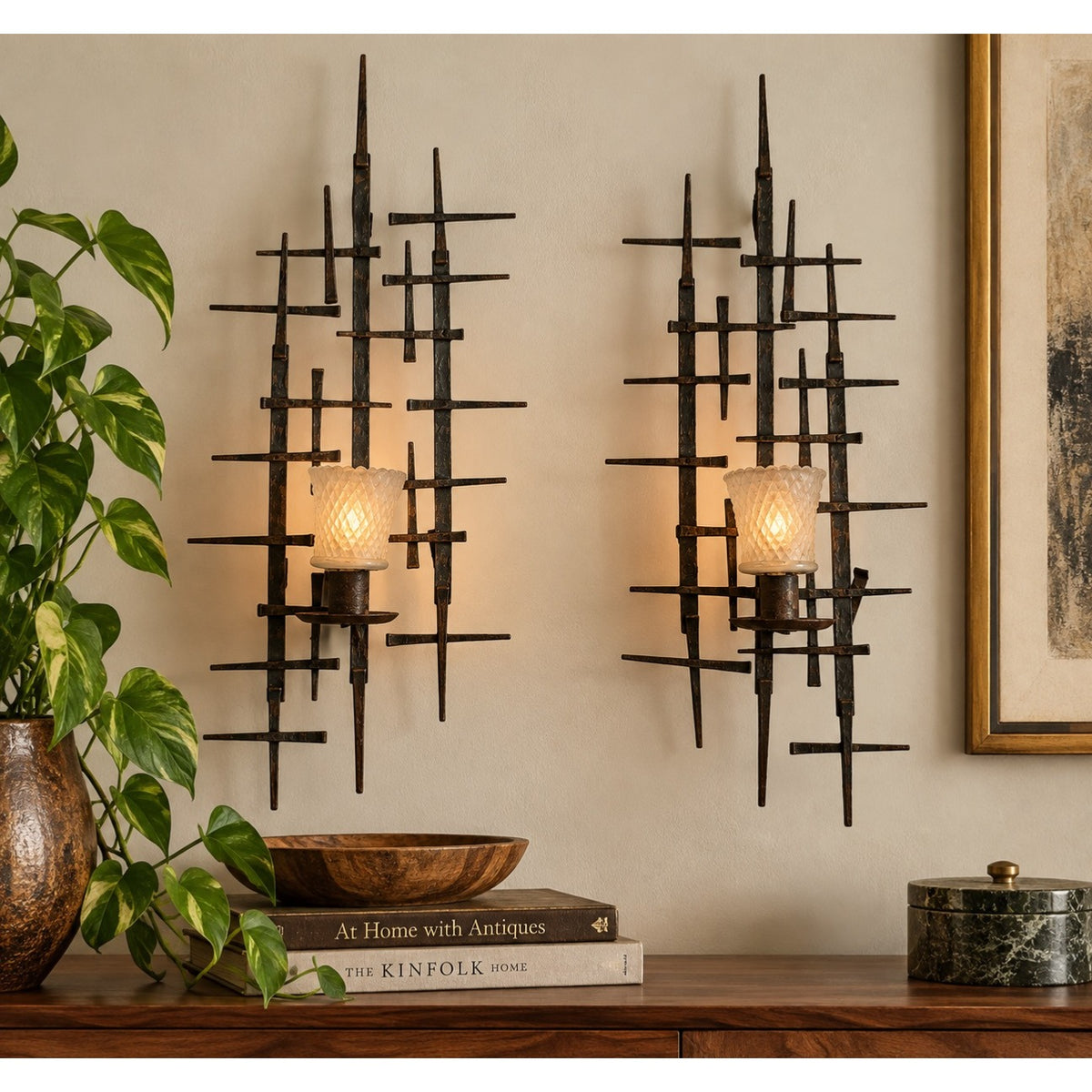Vintage Brutalist Metal Wall Sconces Pair 24 Inch Sculptural Mid Century Modern