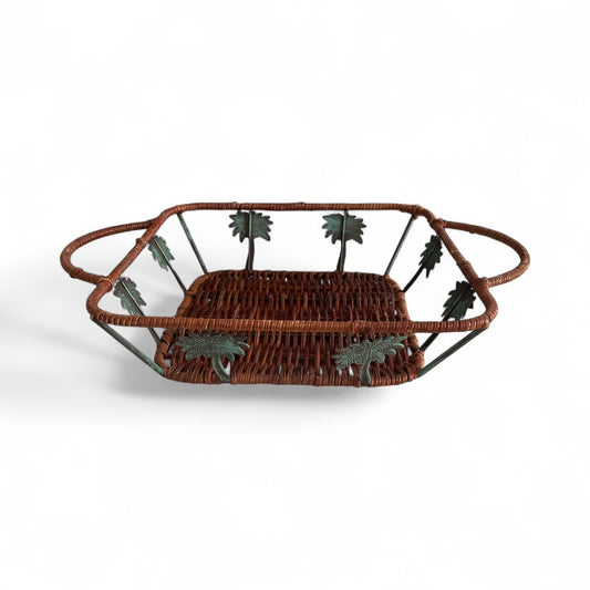 Vintage Woven Rattan & Metal Leaf Basket Tray – Rectangular with Handles