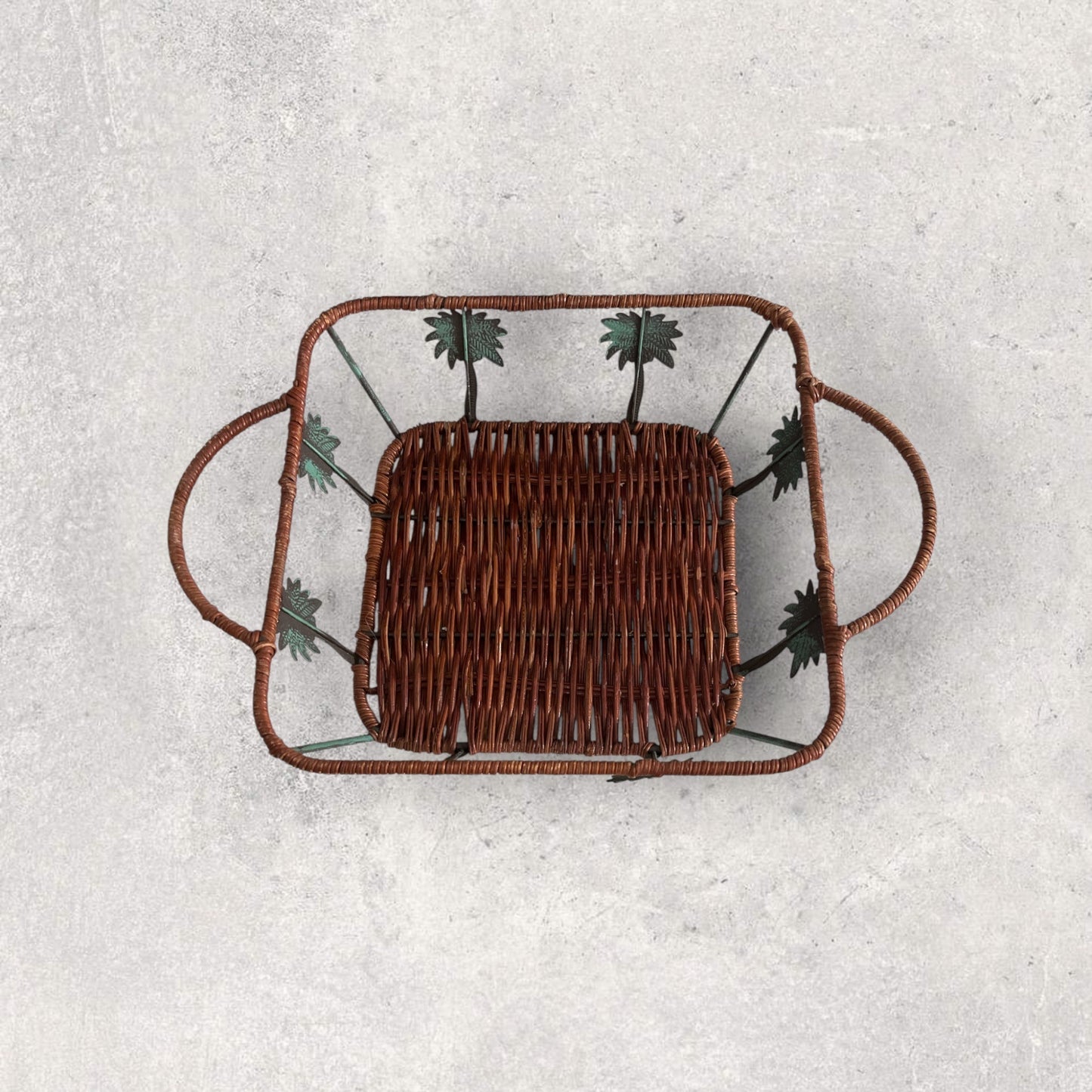 Vintage Woven Rattan & Metal Leaf Basket Tray – Rectangular with Handles