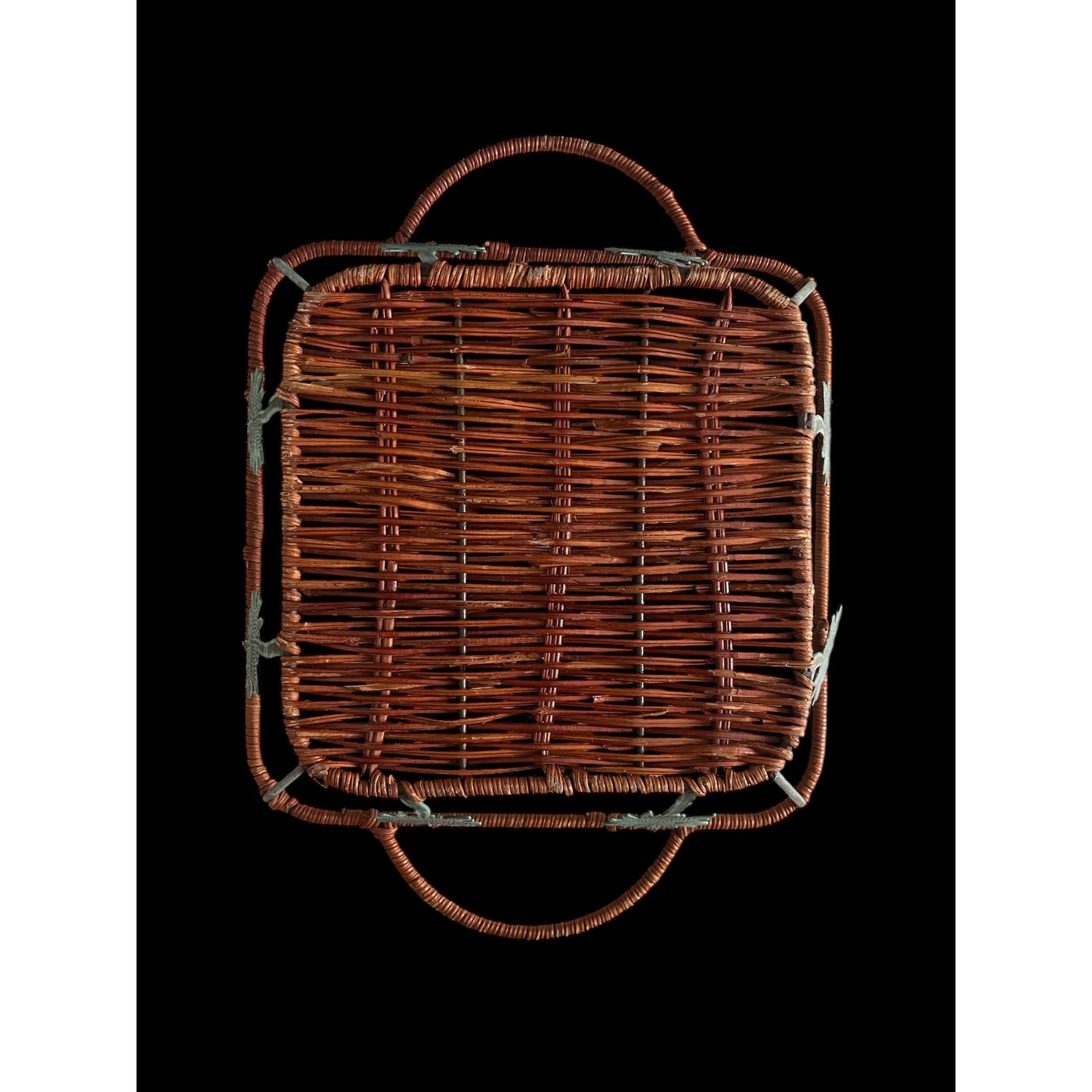 Vintage Woven Rattan & Metal Leaf Basket Tray – Rectangular with Handles