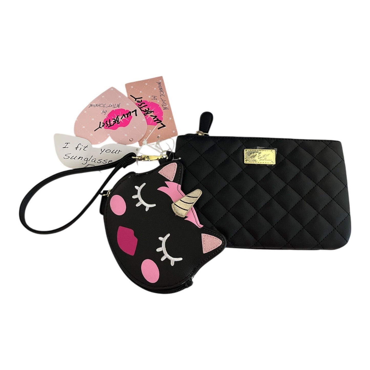 Betsey Johnson Luv Betsey Unicorn Coin Purse and Quilted Wristlet Set Black Pink Faux Leather