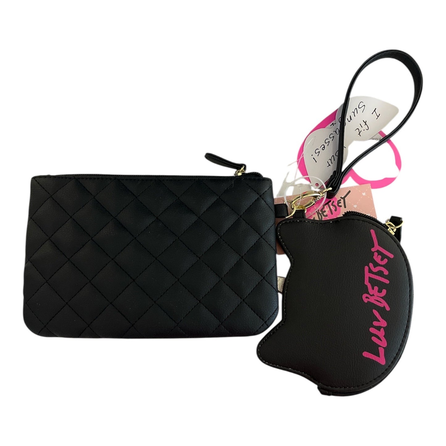 Betsey Johnson Luv Betsey Unicorn Coin Purse and Quilted Wristlet Set Black Pink Faux Leather