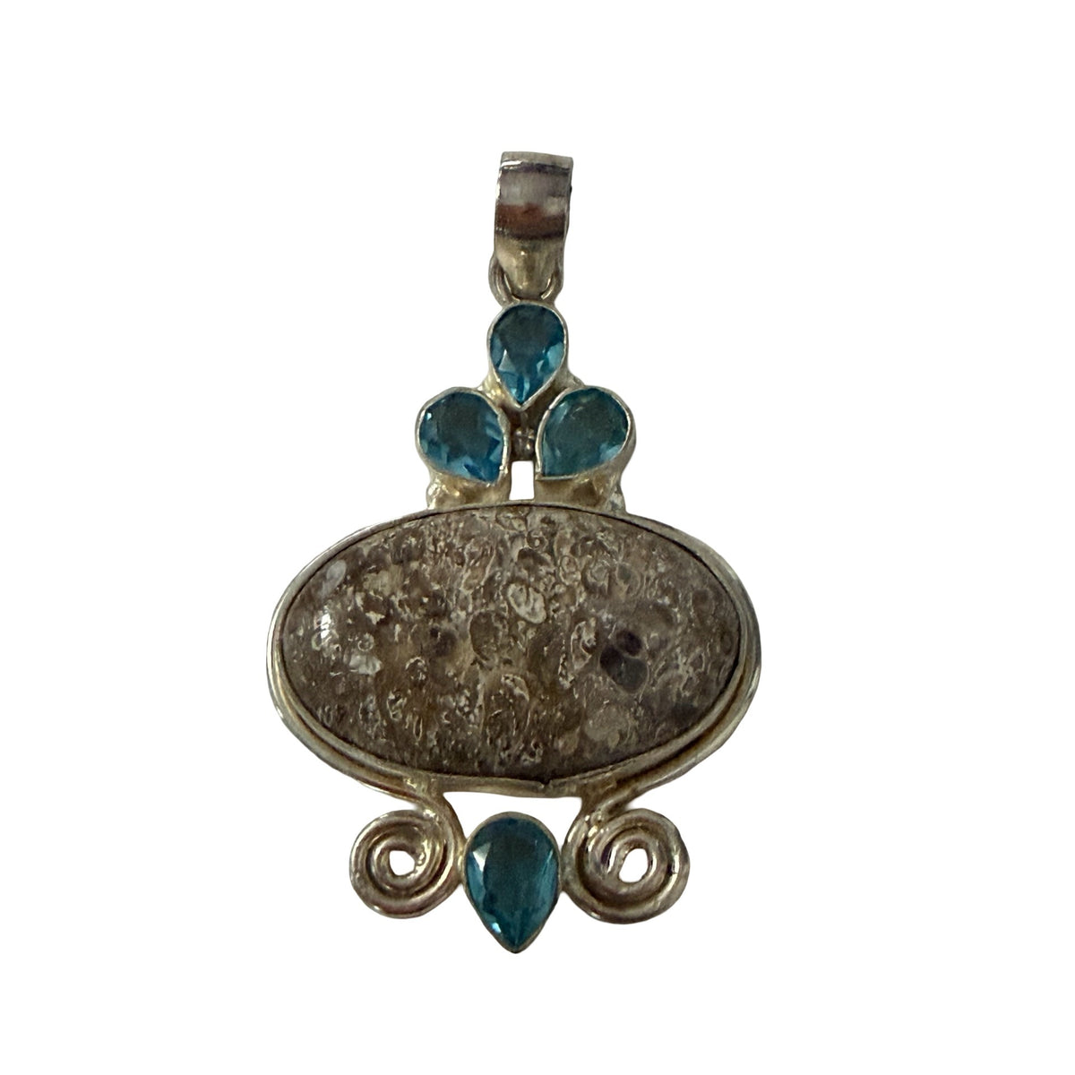 925 Sterling Silver Fossil Coral Blue Topaz Pendant 2 Inch Artisan Jewelry