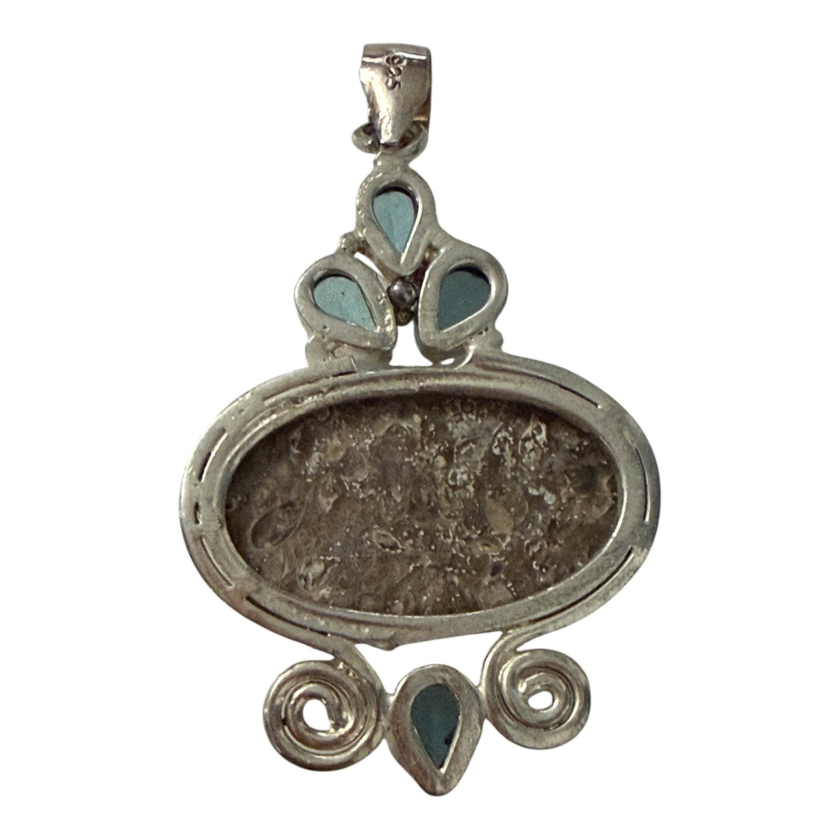 925 Sterling Silver Fossil Coral Blue Topaz Pendant 2 Inch Artisan Jewelry