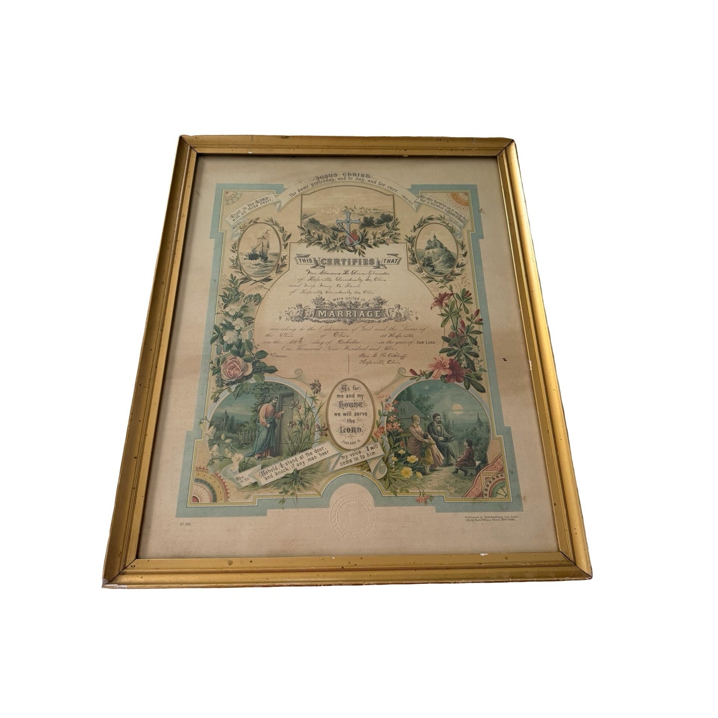 Antique 1906 Framed Marriage Certificate Hessville Sandusky County Ohio Ernst Kaufmann