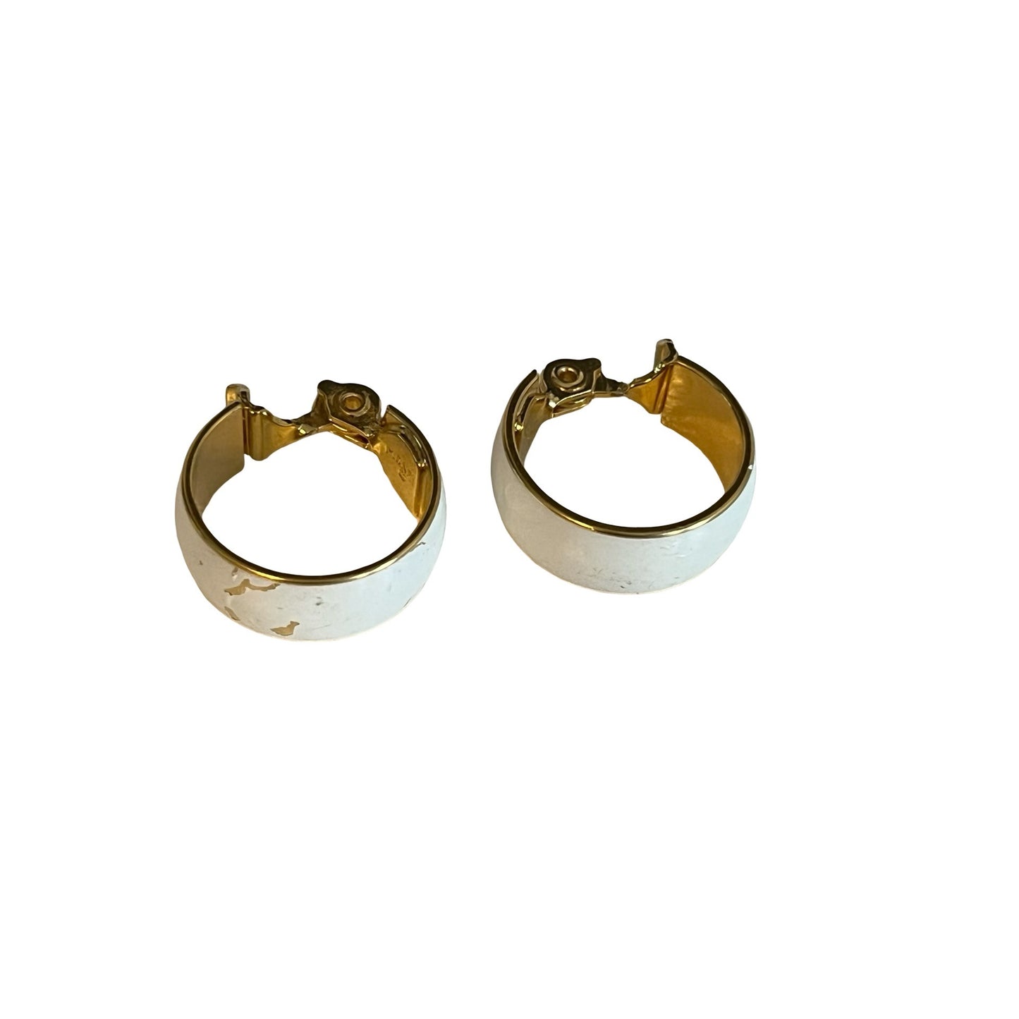 Monet Clip On Earrings Gold Tone White Enamel Hoop Signed Vintage 80s 90s