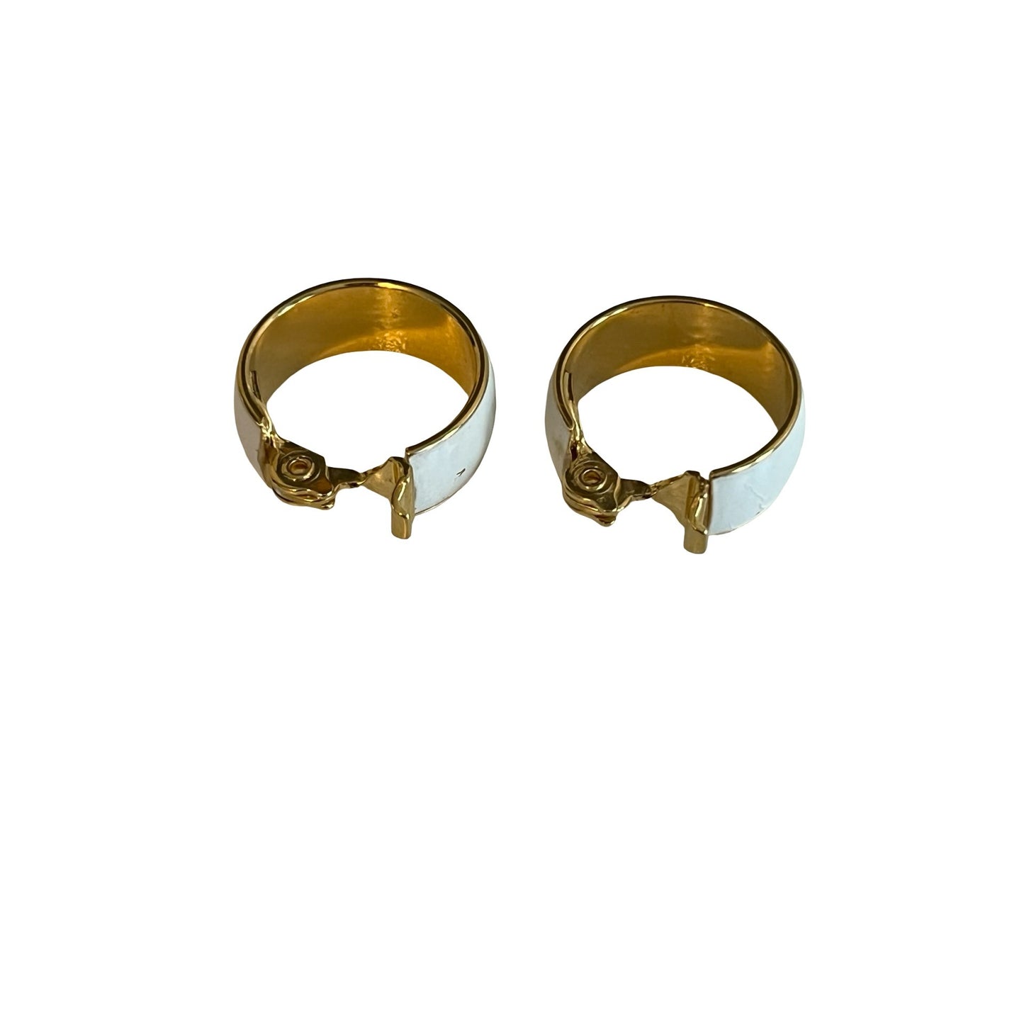 Monet Clip On Earrings Gold Tone White Enamel Hoop Signed Vintage 80s 90s