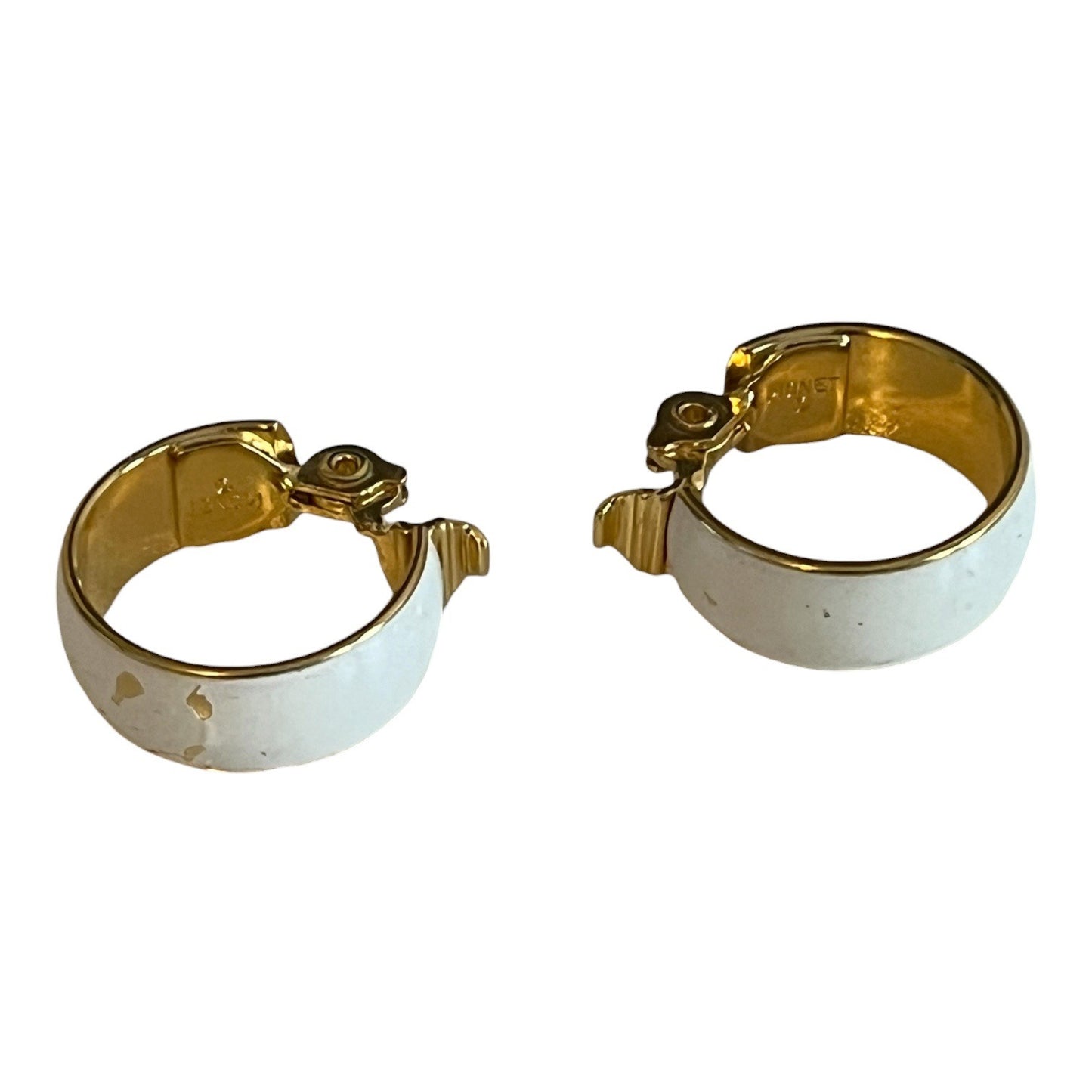 Monet Clip On Earrings Gold Tone White Enamel Hoop Signed Vintage 80s 90s