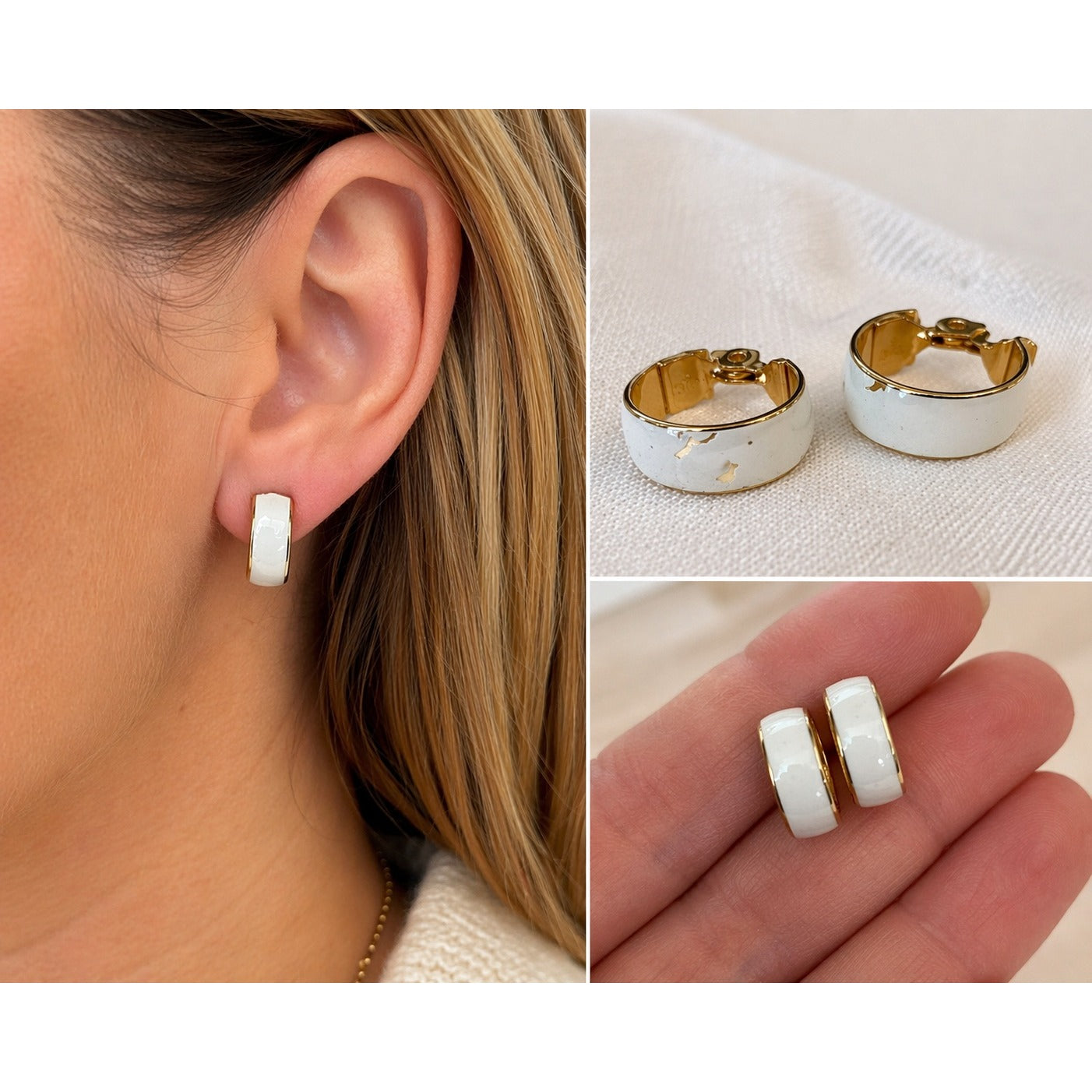 Monet Clip On Earrings Gold Tone White Enamel Hoop Signed Vintage 80s 90s