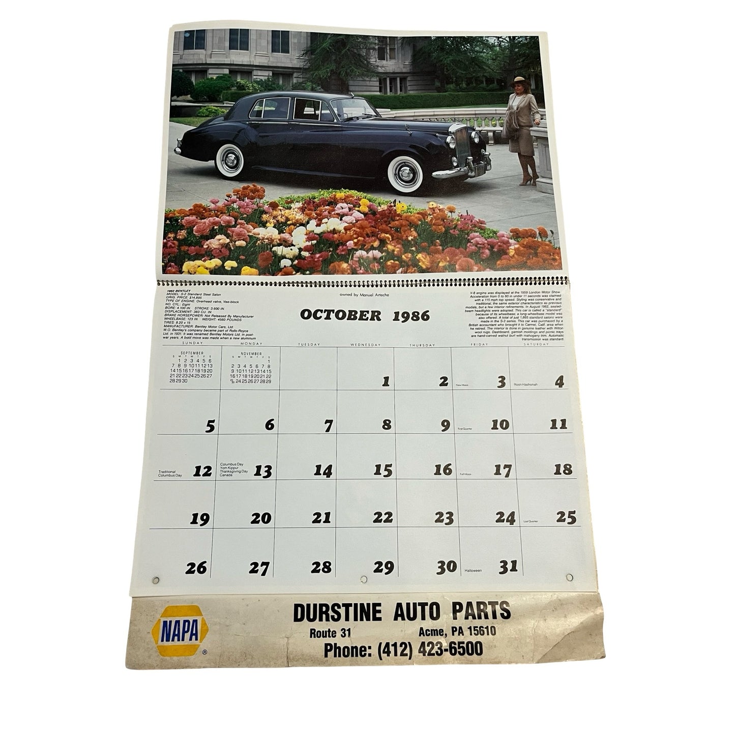 Vintage 1986 NAPA Auto Parts Calendar Classic Cars Collector Edition Durstine Advertising