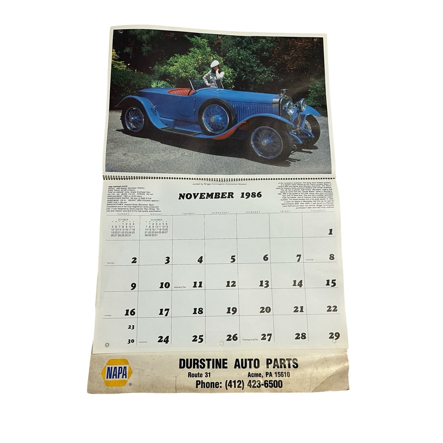 Vintage 1986 NAPA Auto Parts Calendar Classic Cars Collector Edition Durstine Advertising