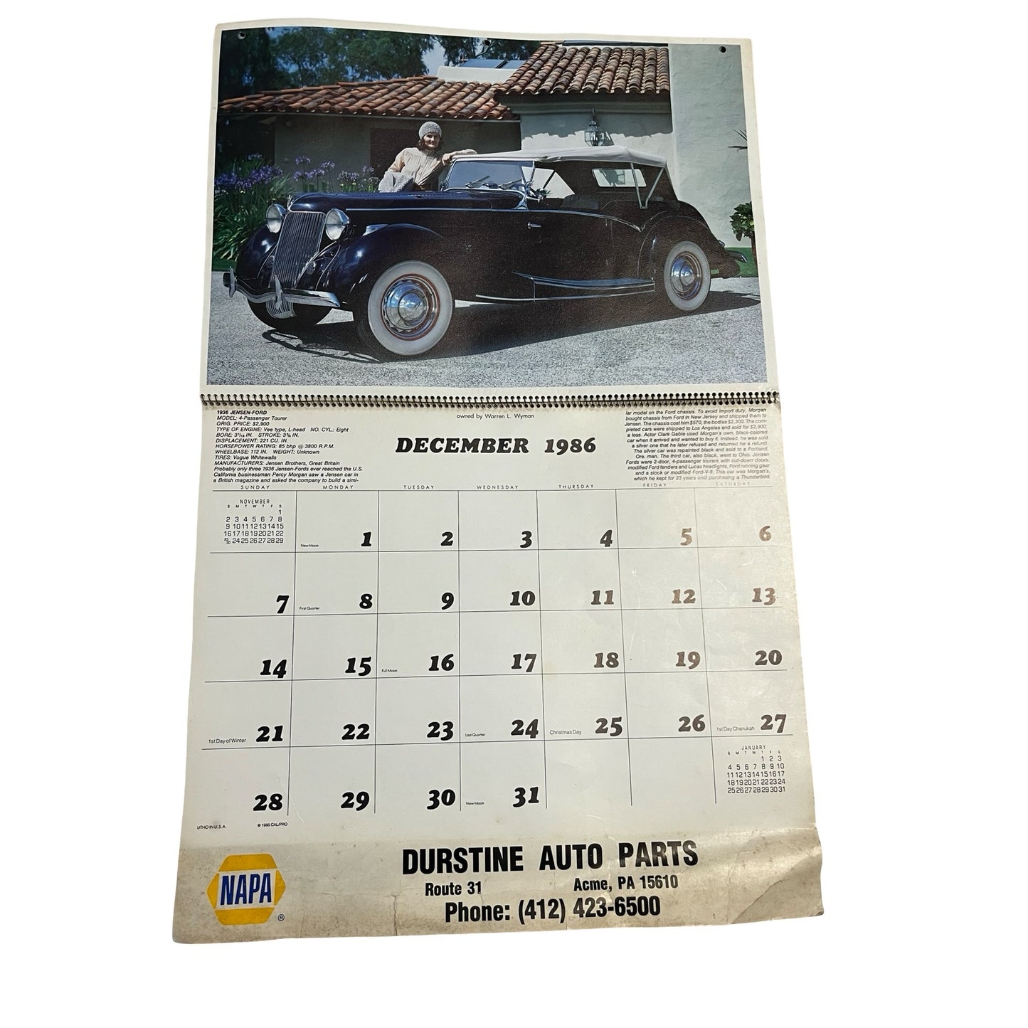 Vintage 1986 NAPA Auto Parts Calendar Classic Cars Collector Edition Durstine Advertising
