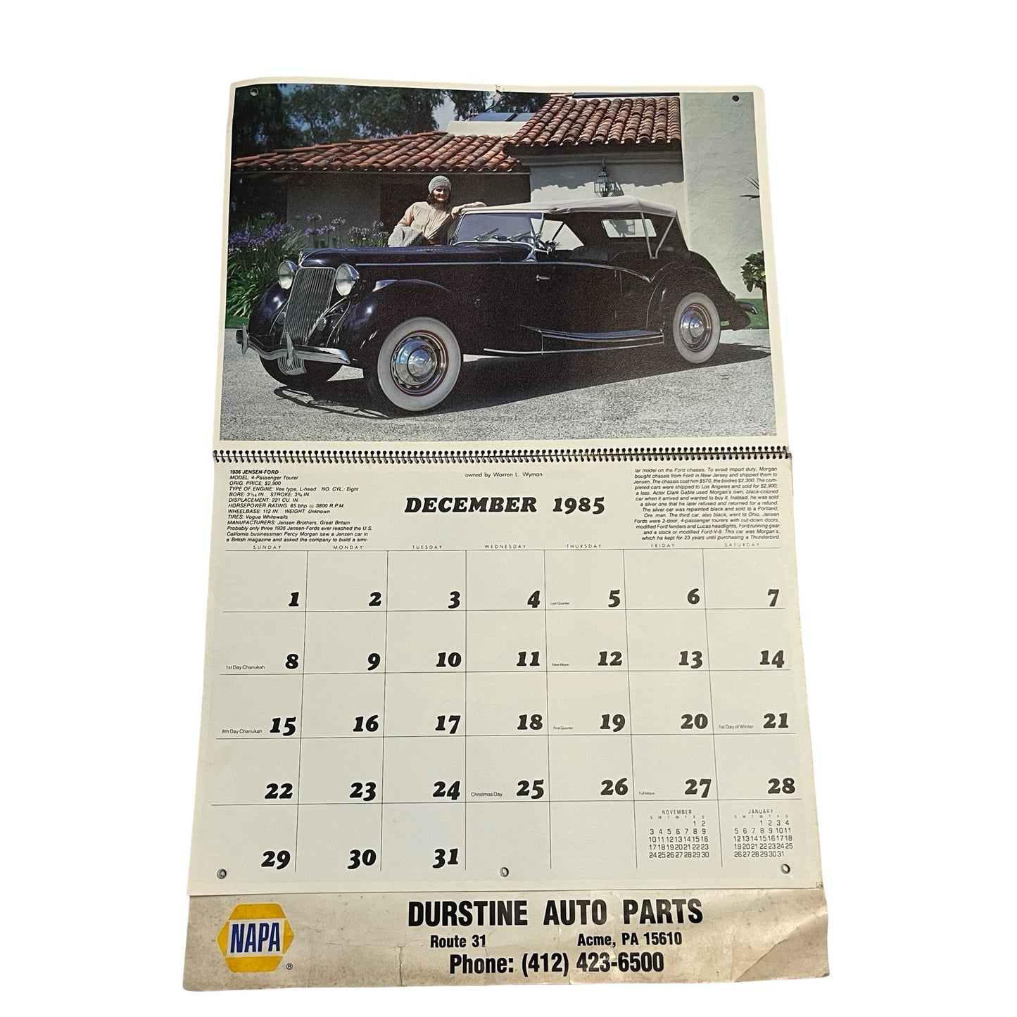Vintage 1986 NAPA Auto Parts Calendar Classic Cars Collector Edition Durstine Advertising