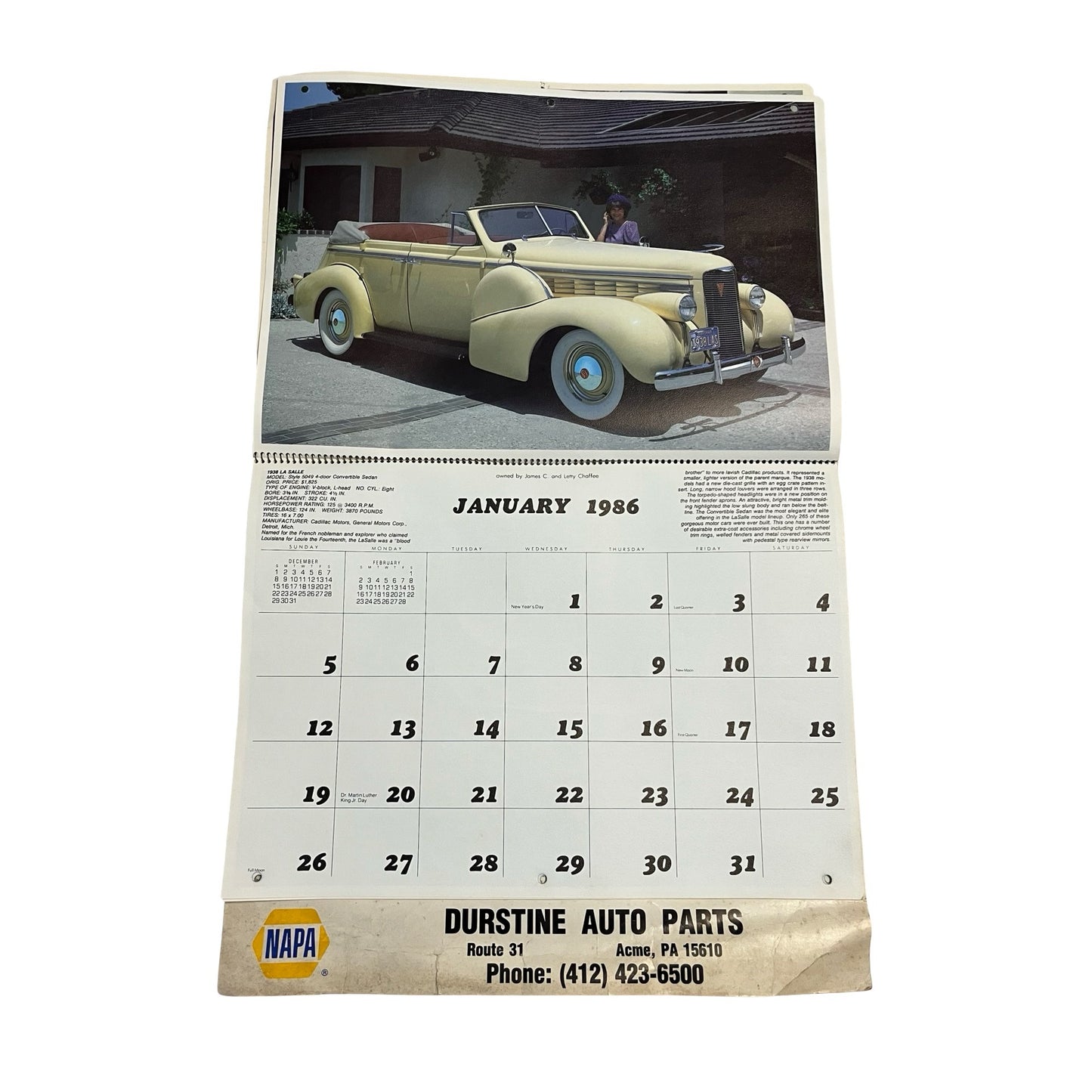 Vintage 1986 NAPA Auto Parts Calendar Classic Cars Collector Edition Durstine Advertising