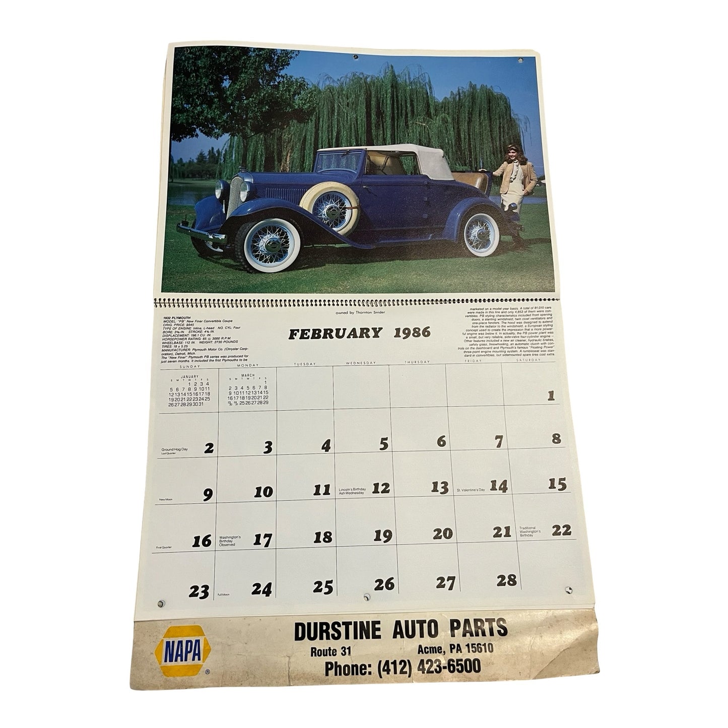 Vintage 1986 NAPA Auto Parts Calendar Classic Cars Collector Edition Durstine Advertising