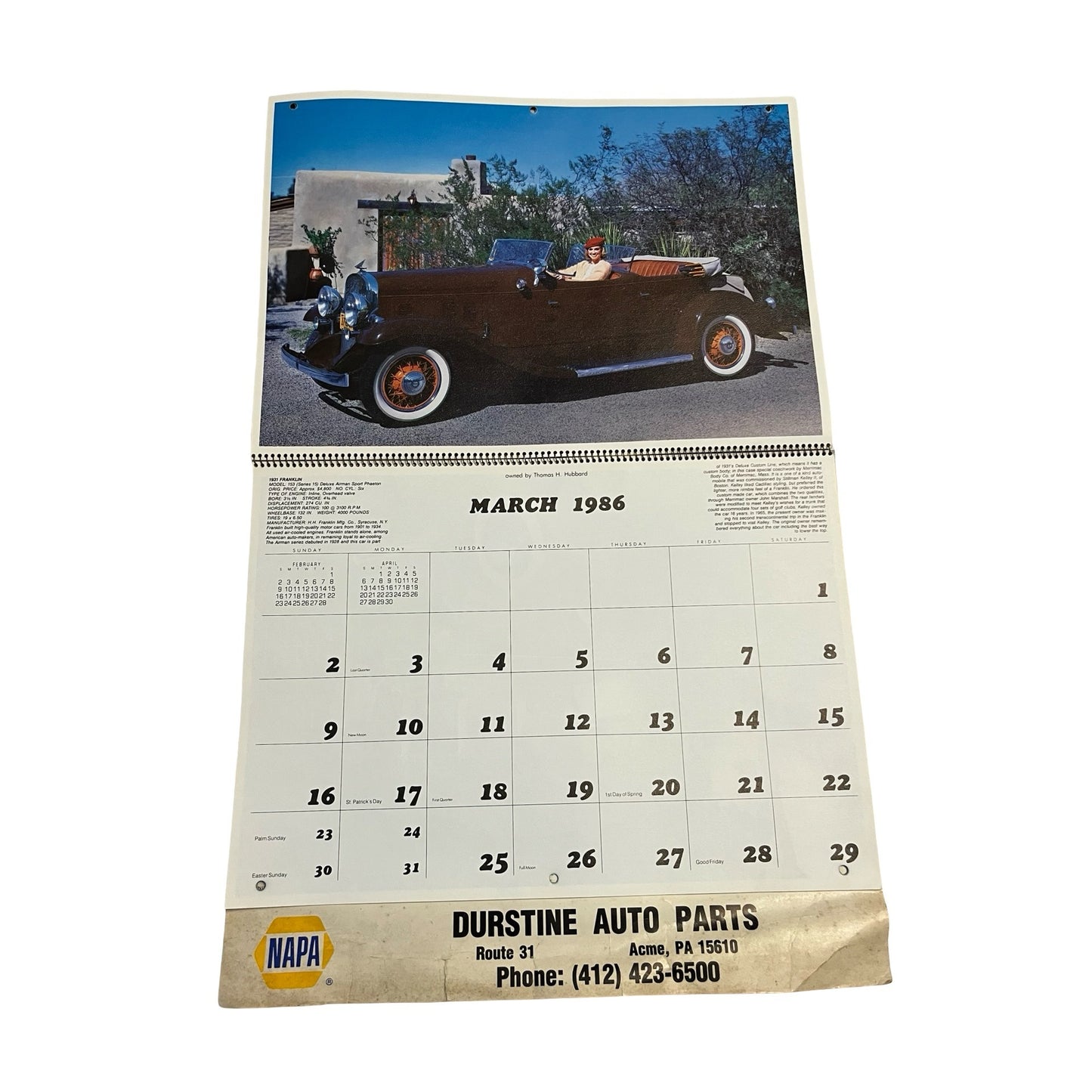 Vintage 1986 NAPA Auto Parts Calendar Classic Cars Collector Edition Durstine Advertising