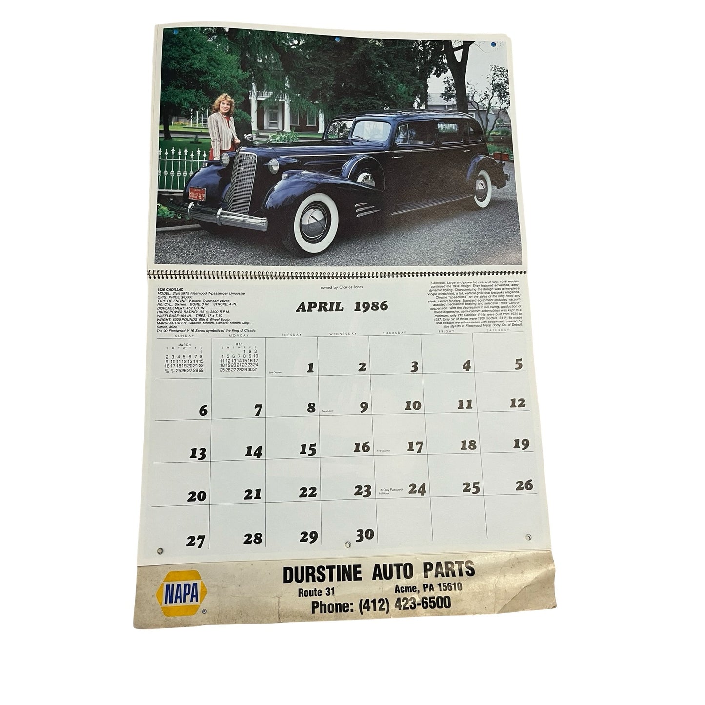 Vintage 1986 NAPA Auto Parts Calendar Classic Cars Collector Edition Durstine Advertising