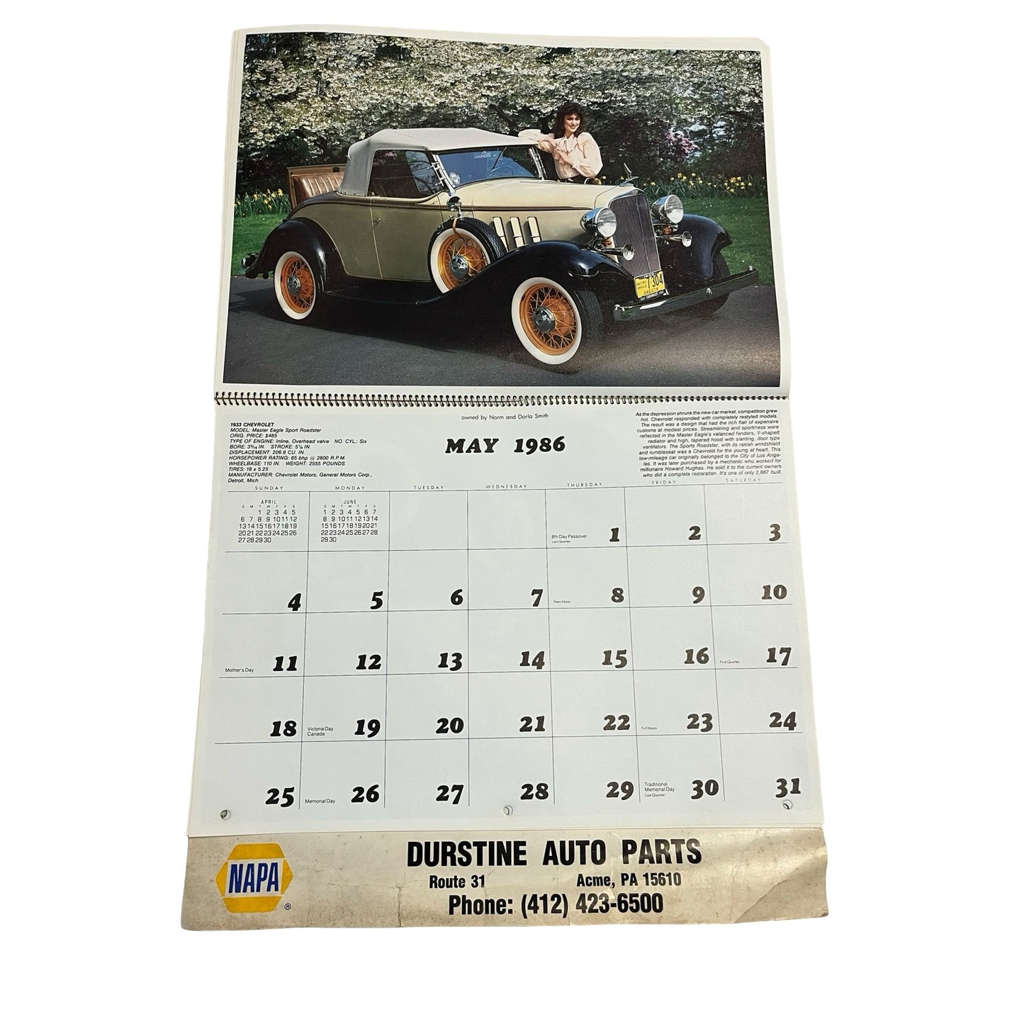 Vintage 1986 NAPA Auto Parts Calendar Classic Cars Collector Edition Durstine Advertising