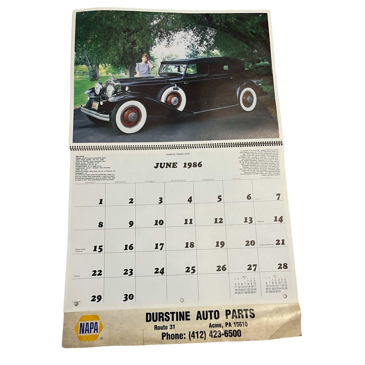 Vintage 1986 NAPA Auto Parts Calendar Classic Cars Collector Edition Durstine Advertising