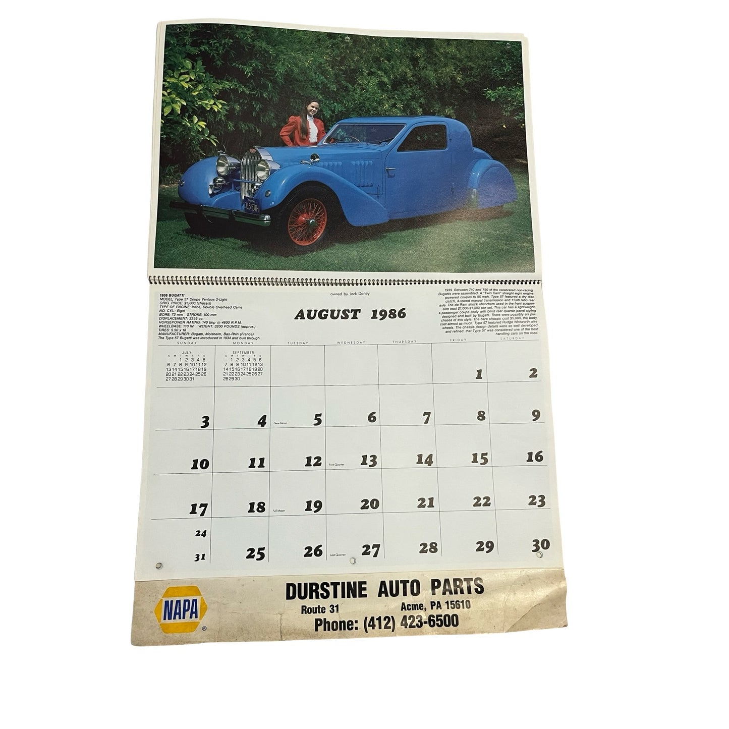 Vintage 1986 NAPA Auto Parts Calendar Classic Cars Collector Edition Durstine Advertising