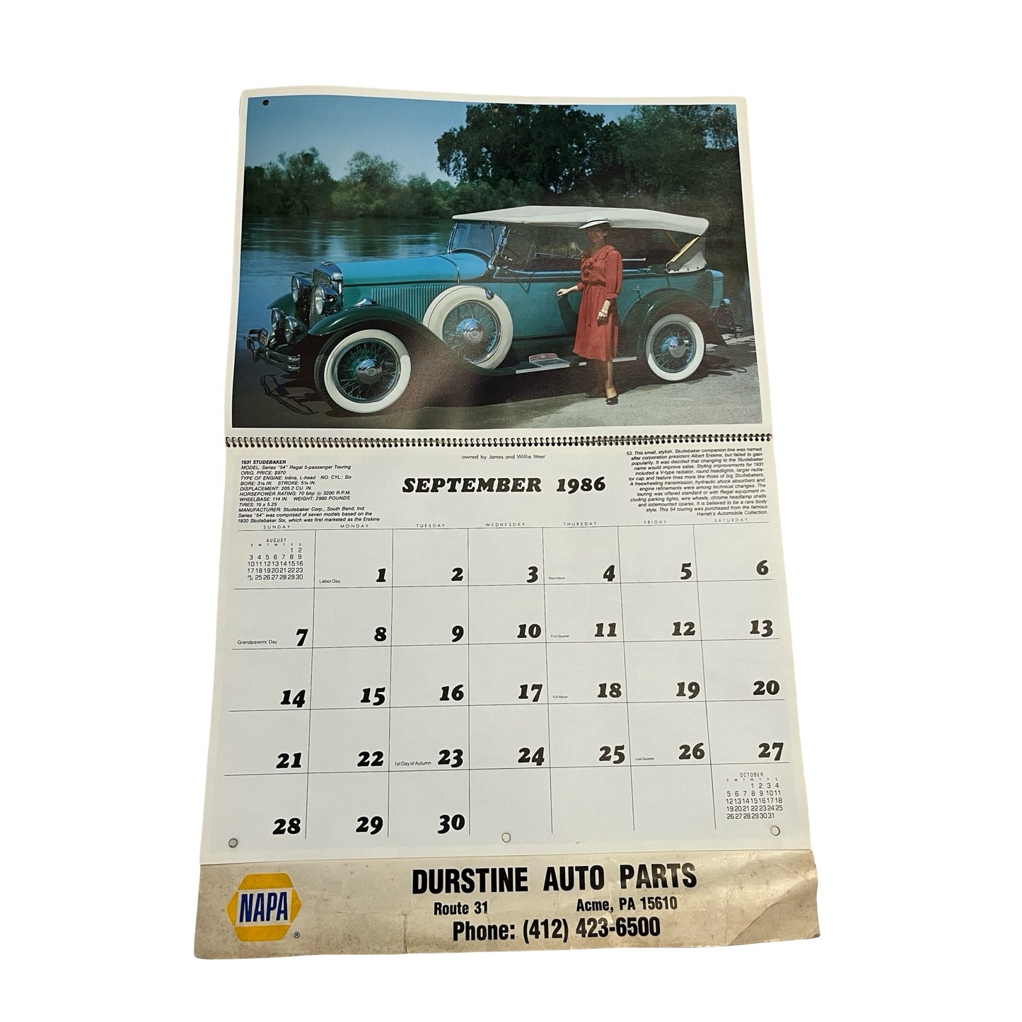 Vintage 1986 NAPA Auto Parts Calendar Classic Cars Collector Edition Durstine Advertising