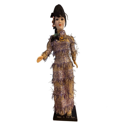 Vintage Vietnamese Woman Doll Handmade Ethnic Figurine Fringe Dress Made in Vietnam 16 In