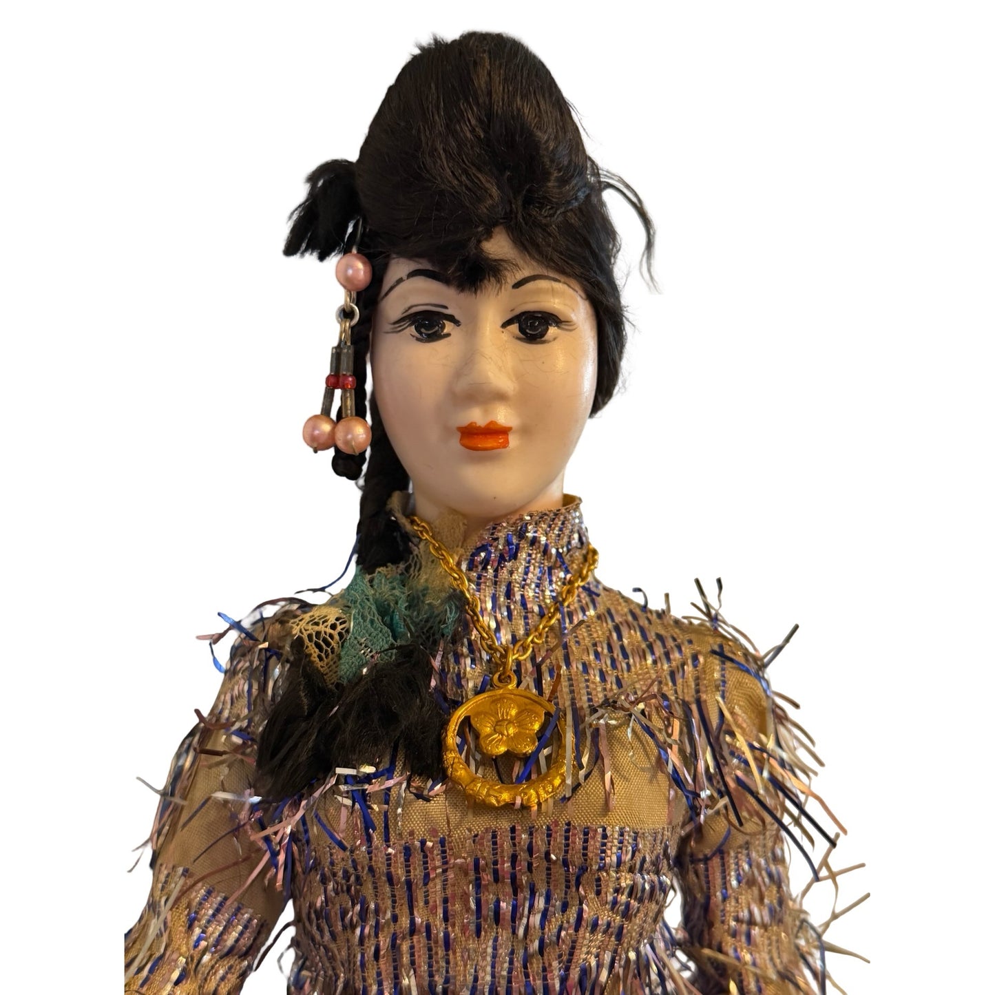 Vintage Vietnamese Woman Doll Handmade Ethnic Figurine Fringe Dress Made in Vietnam 16 In