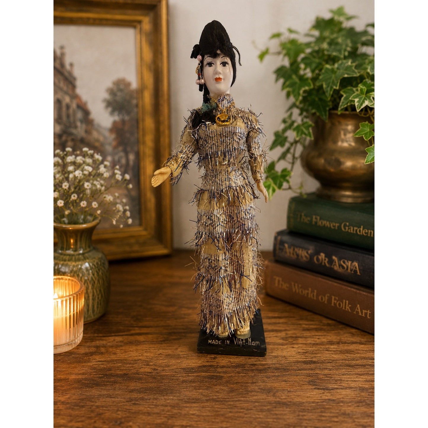 Vintage Vietnamese Woman Doll Handmade Ethnic Figurine Fringe Dress Made in Vietnam 16 In