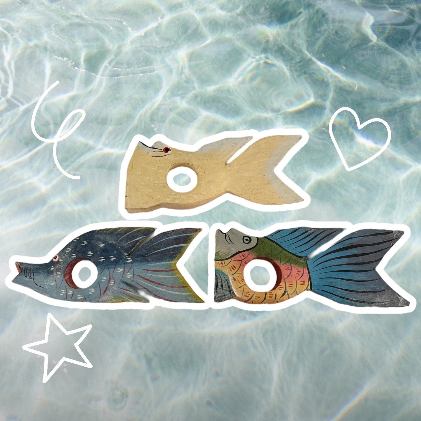 Vintage Hand-Painted Wooden Fish Napkin Rings & Holders – Set of 7