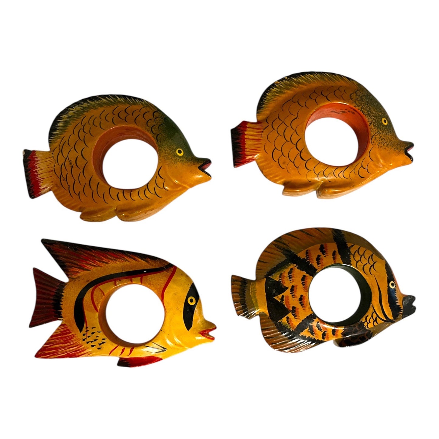 Vintage Hand-Painted Wooden Fish Napkin Rings & Holders – Set of 7