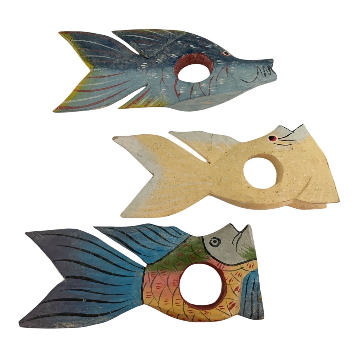 Vintage Hand-Painted Wooden Fish Napkin Rings & Holders – Set of 7