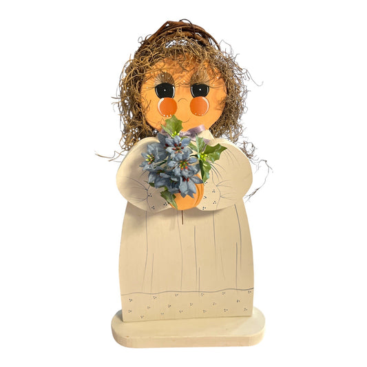1995 Signed Wooden Angel by K. Moody – Rustic Folk Art Shelf Sitter with Grapevine Halo & Flowers