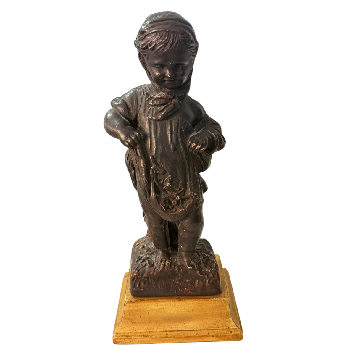 Vintage Borghese Bronze Finish Girl Gathering Flowers Chalkware Statue 8"