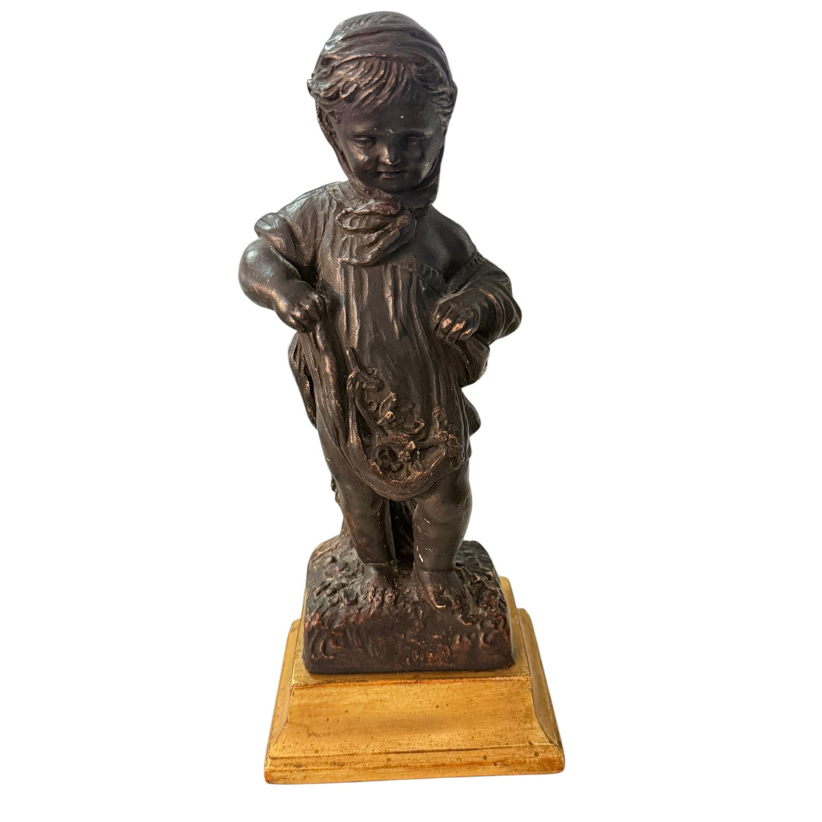 Vintage Borghese Bronze Finish Girl Gathering Flowers Chalkware Statue 8"