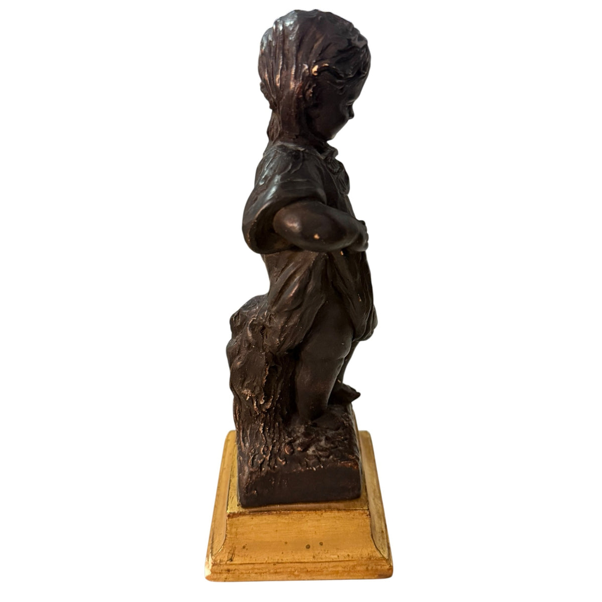 Vintage Borghese Bronze Finish Girl Gathering Flowers Chalkware Statue 8"