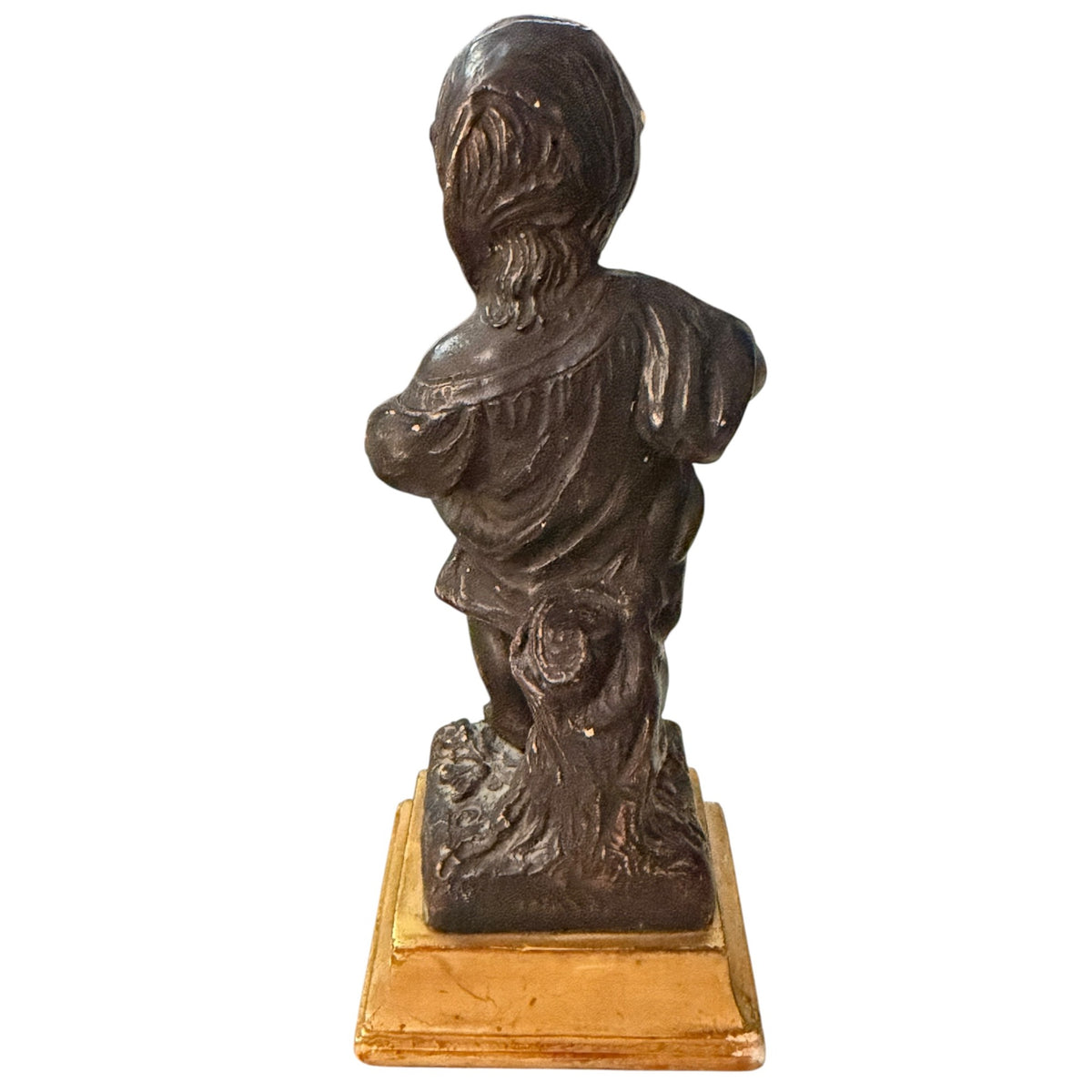 Vintage Borghese Bronze Finish Girl Gathering Flowers Chalkware Statue 8"