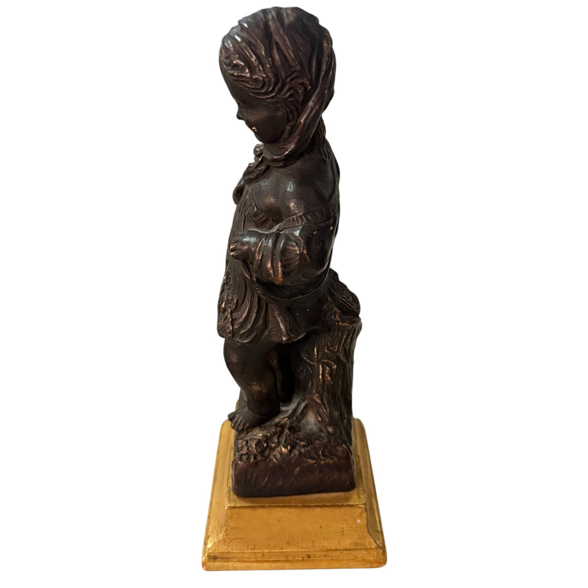 Vintage Borghese Bronze Finish Girl Gathering Flowers Chalkware Statue 8"