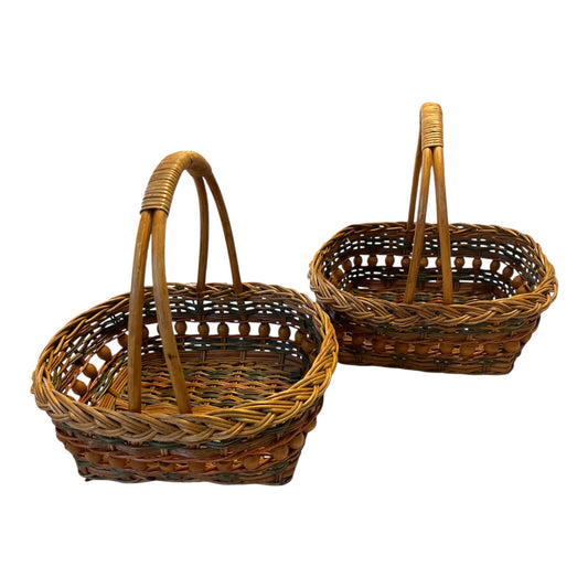 Pair of Vintage Woven Gift Baskets with Wooden Bead Trim – 12" x 12" x 10" – Boho Farmhouse Decor