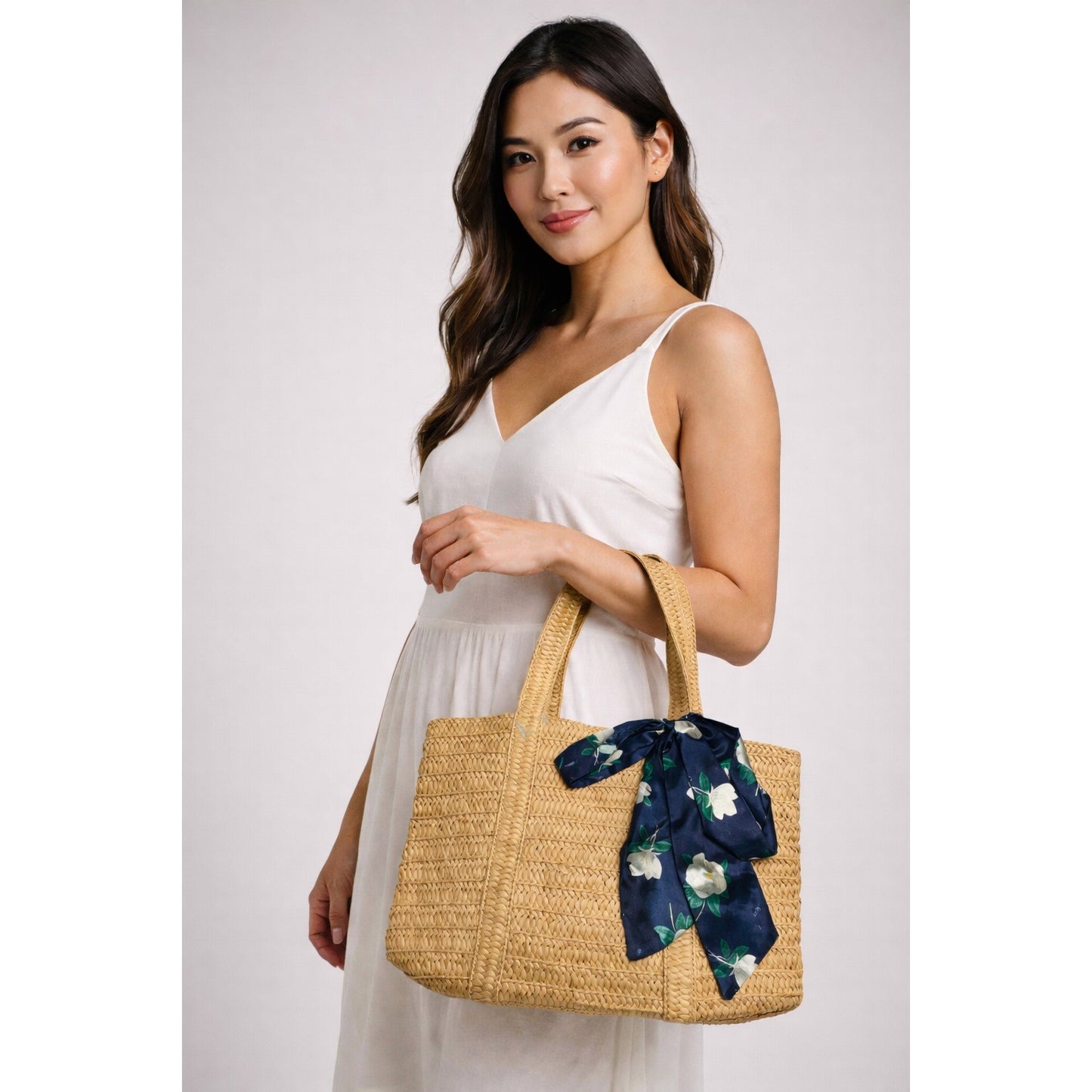 Draper James Woven Straw Tote Bag Magnolia Scarf Large Summer Beach Handbag