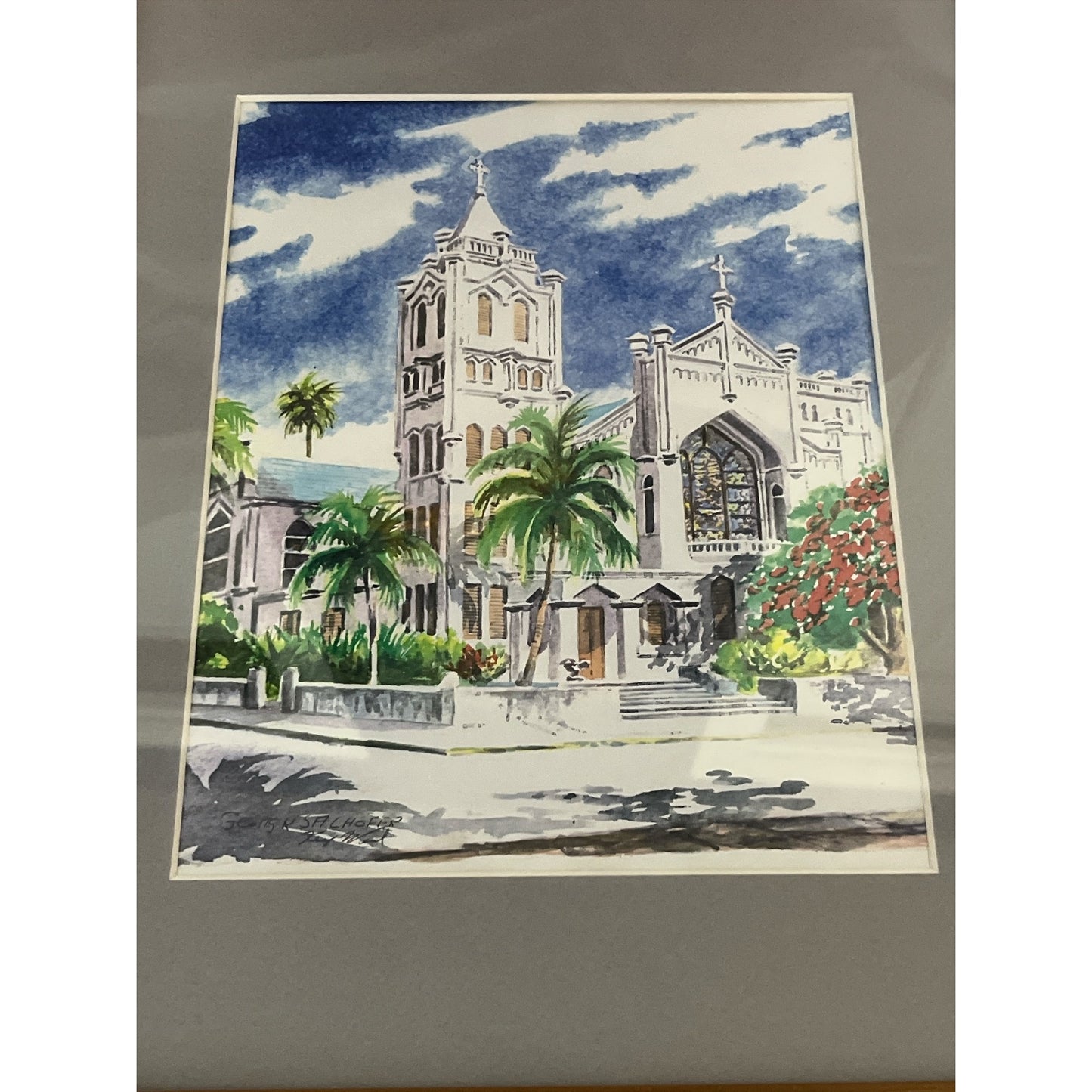 George K. Salhofer Signed Print – Cathedral with Palm Trees – Framed