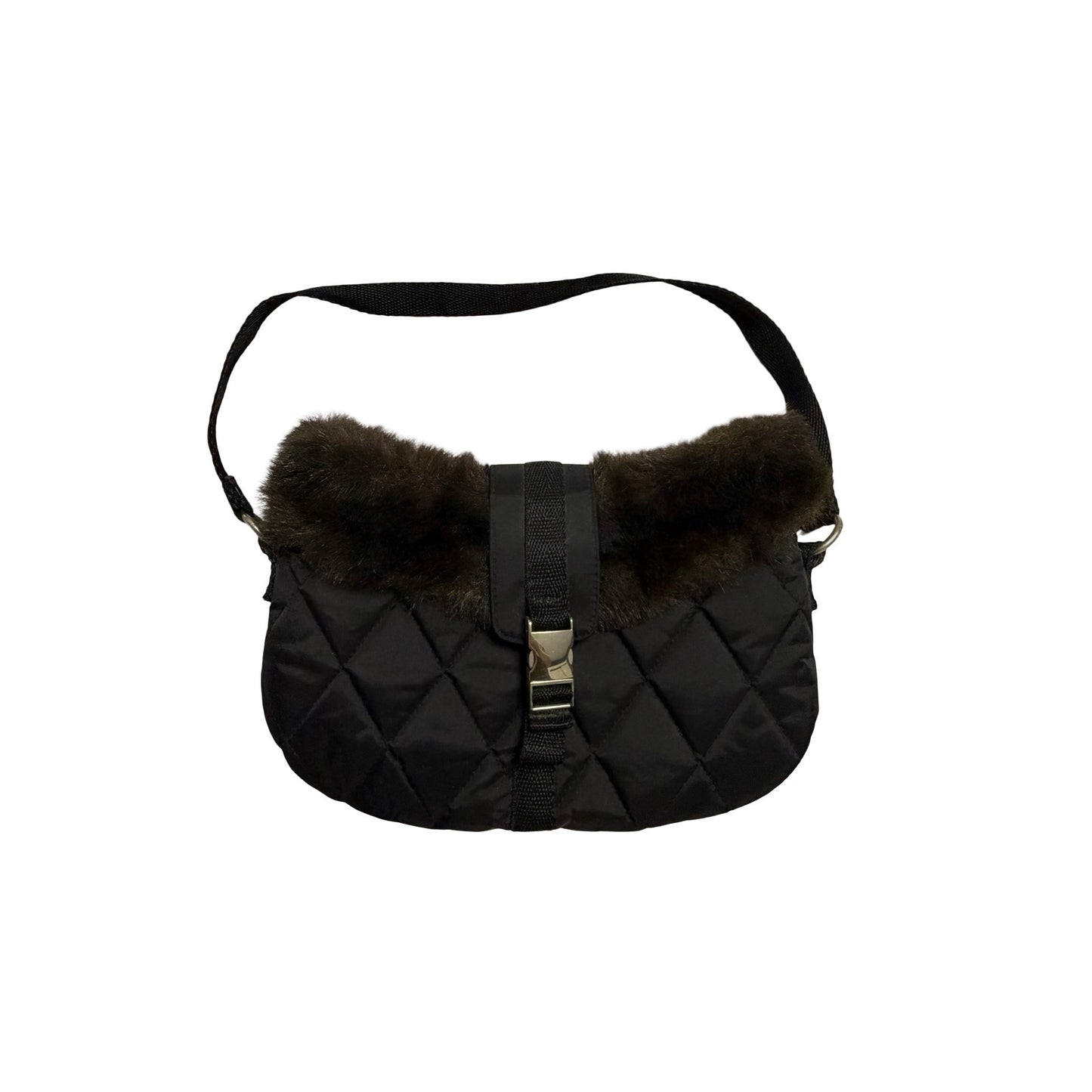 Bath & Body Works Black Quilted Faux Fur Shoulder Bag Purse 11x7