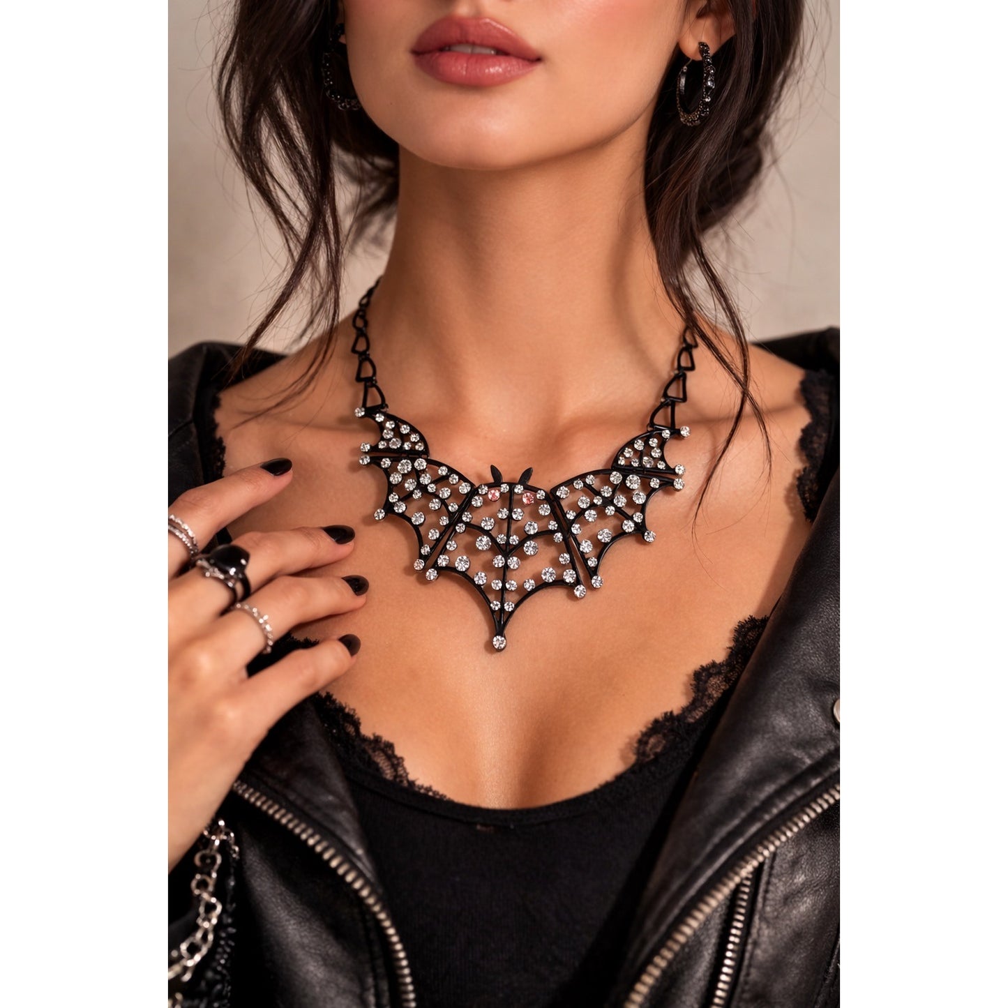 Betsey Johnson Rhinestone Bat Statement Necklace Black Gothic Halloween