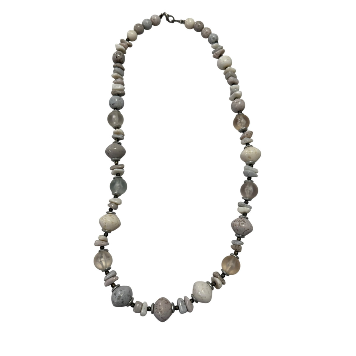 Gray Cream Faux Stone Beaded Necklace Boho Chunky Mixed Beads 22 Inch