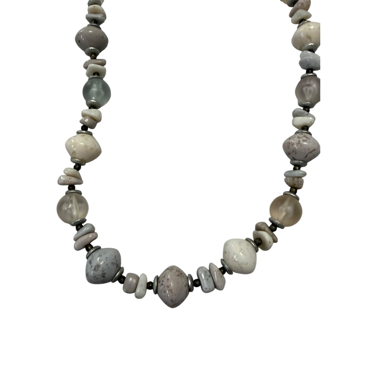 Gray Cream Faux Stone Beaded Necklace Boho Chunky Mixed Beads 22 Inch